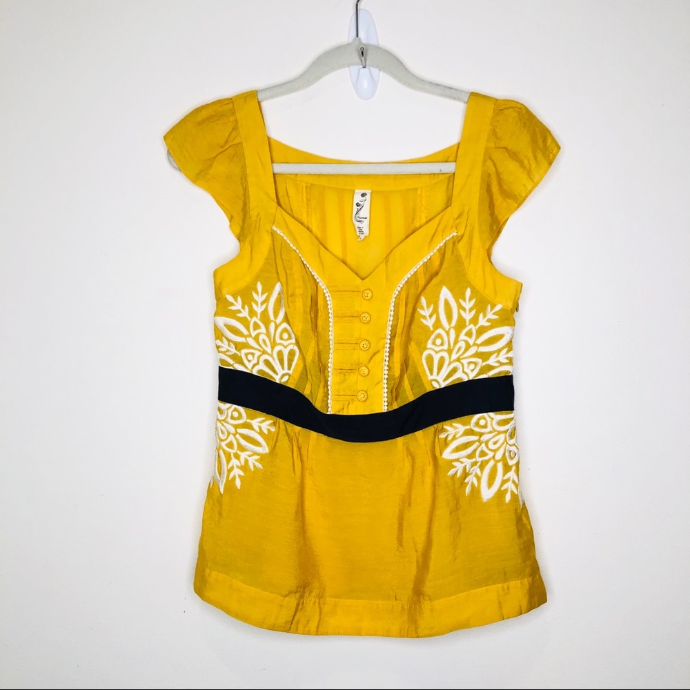 Anthropologie Yellow Cap-Sleeve Embroidered Button Front Blouse